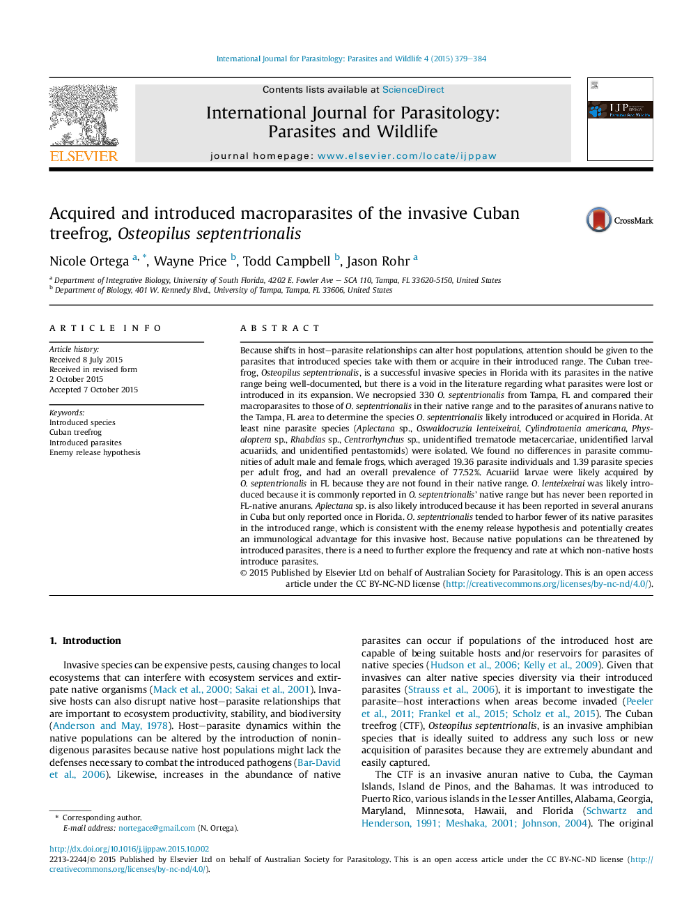 Acquired and introduced macroparasites of the invasive Cuban treefrog, Osteopilus septentrionalis