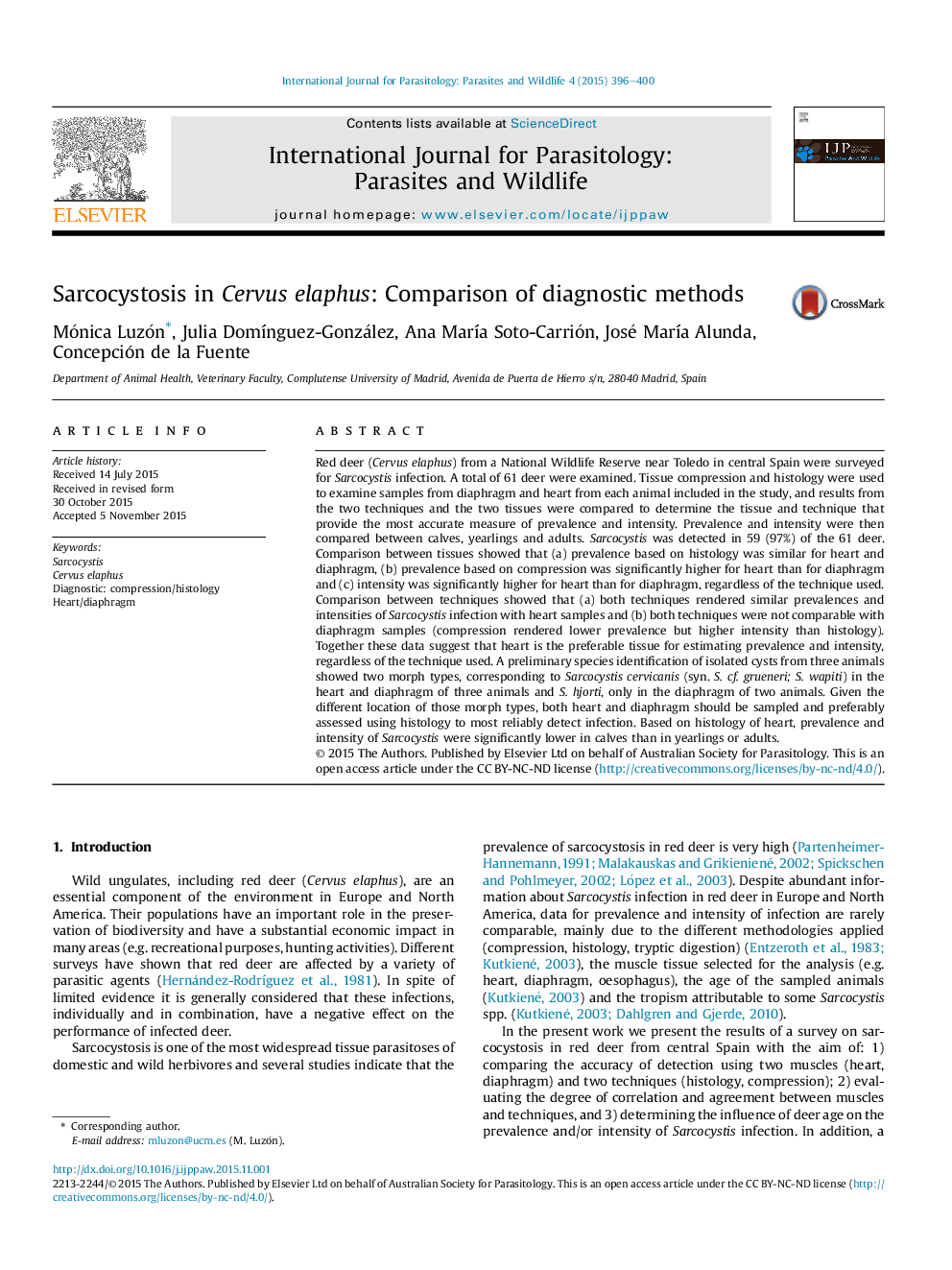 Sarcocystosis in Cervus elaphus: Comparison of diagnostic methods