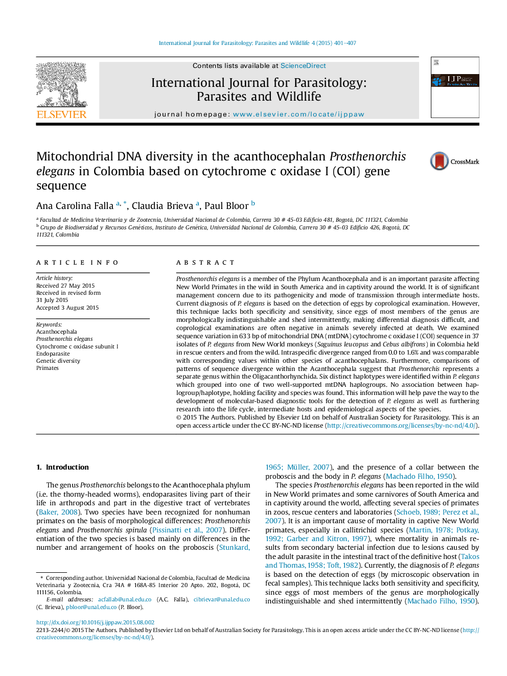 Mitochondrial DNA diversity in the acanthocephalan Prosthenorchis elegans in Colombia based on cytochrome c oxidase I (COI) gene sequence