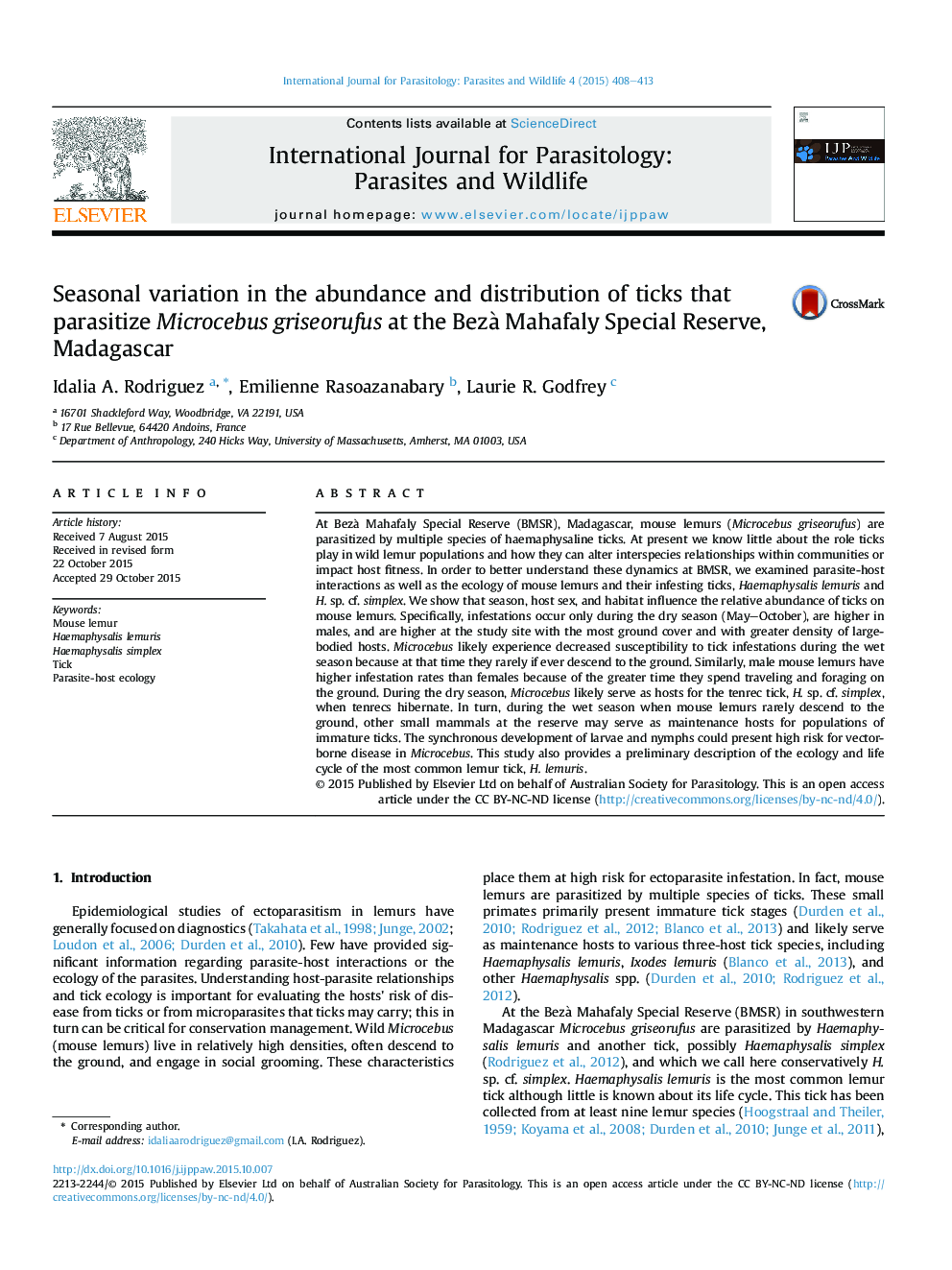 Seasonal variation in the abundance and distribution of ticks that parasitize Microcebus griseorufus at the Bezà Mahafaly Special Reserve, Madagascar