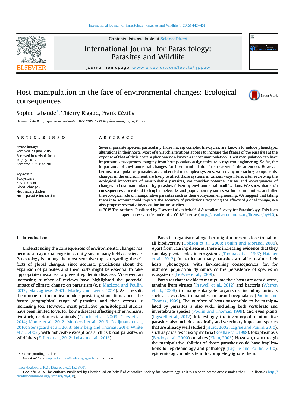 Host manipulation in the face of environmental changes: Ecological consequences