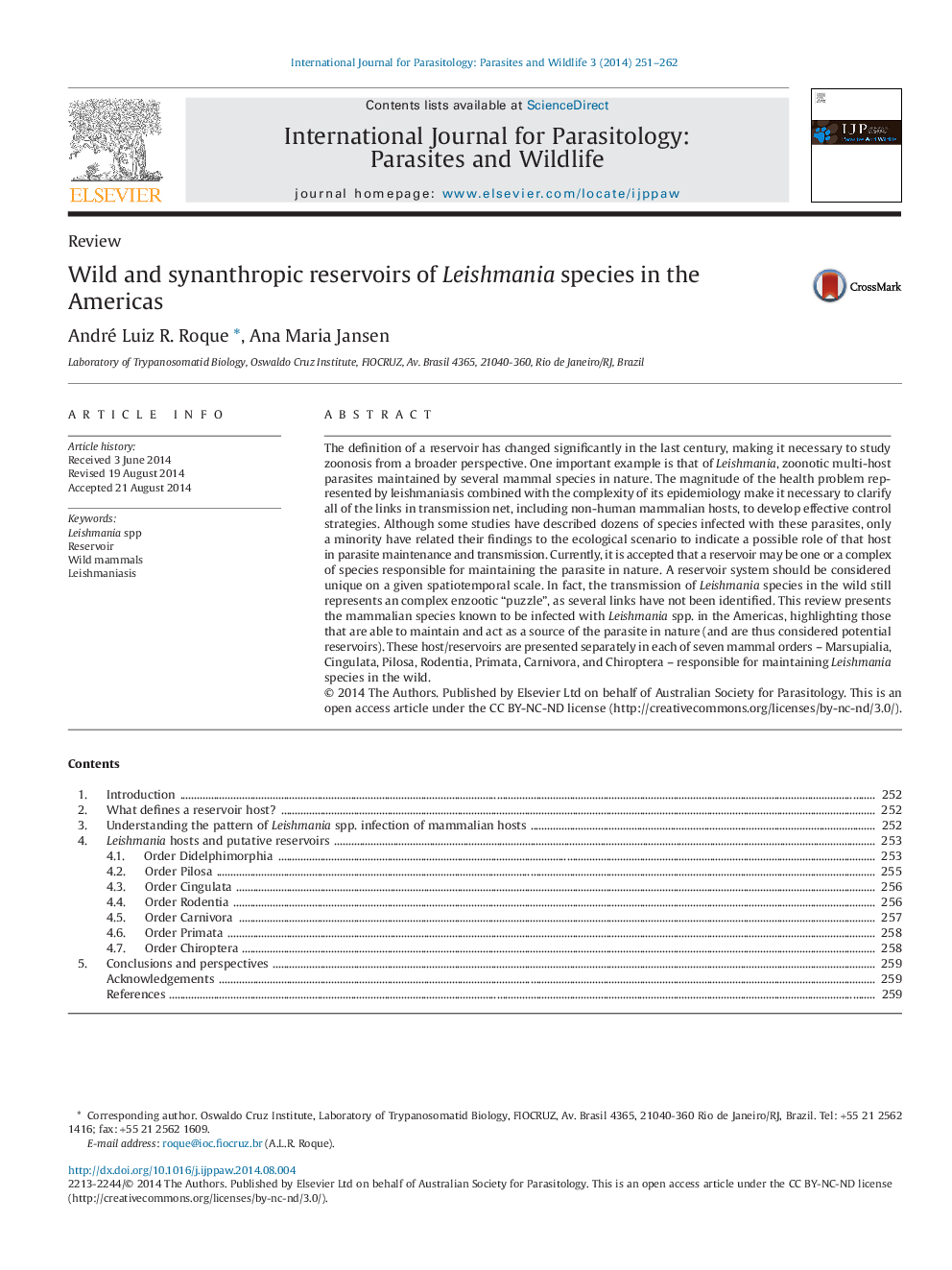 Wild and synanthropic reservoirs of Leishmania species in the Americas