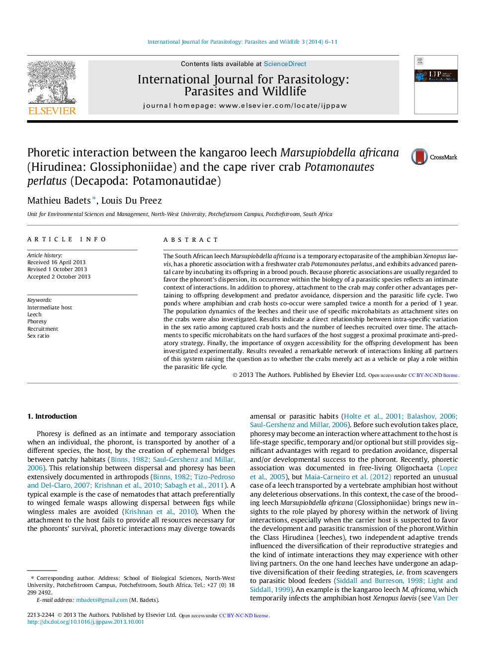 Phoretic interaction between the kangaroo leech Marsupiobdella africana (Hirudinea: Glossiphoniidae) and the cape river crab Potamonautes perlatus (Decapoda: Potamonautidae) 