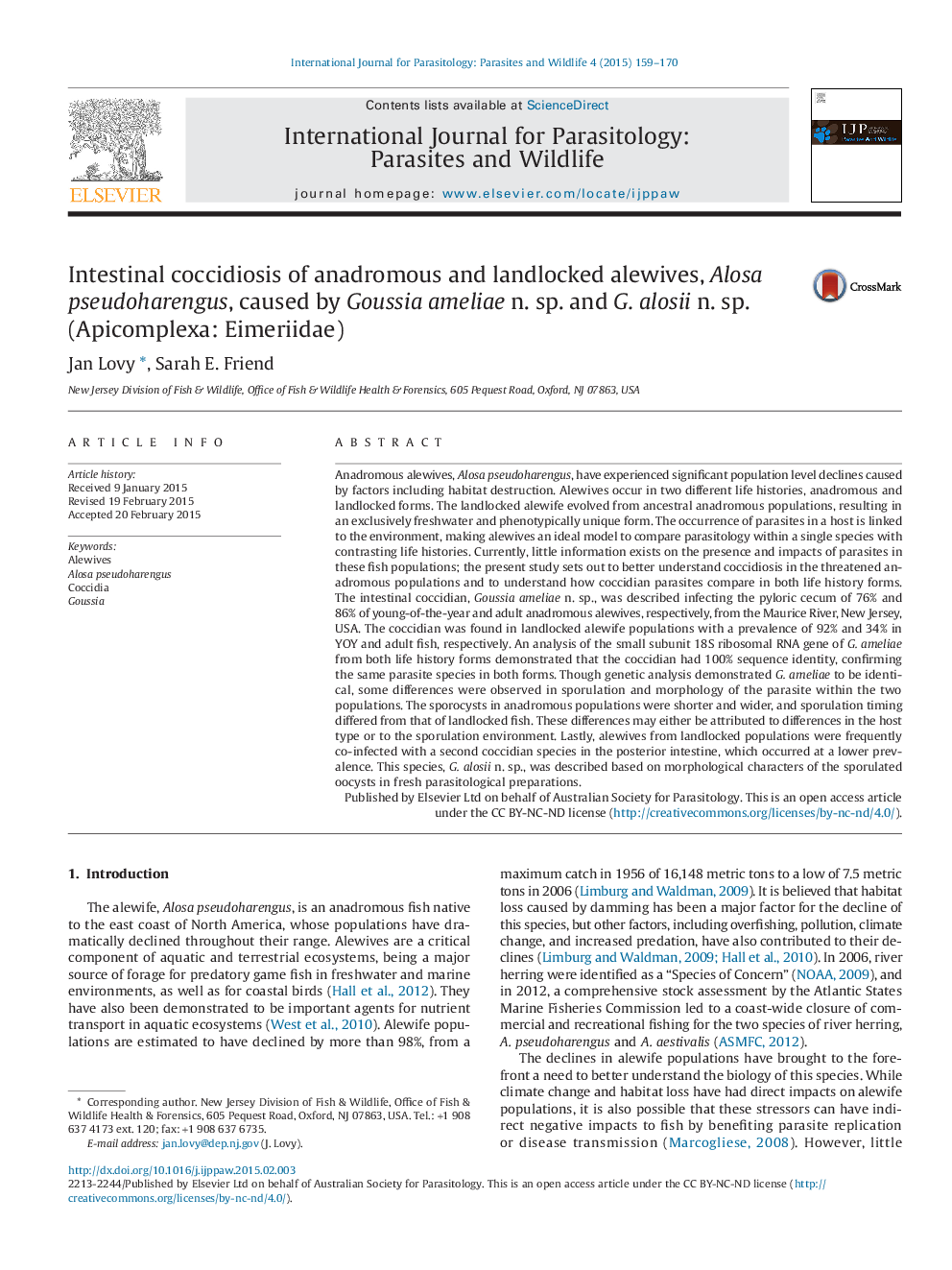 Intestinal coccidiosis of anadromous and landlocked alewives, Alosa pseudoharengus, caused by Goussia ameliae n. sp. and G. alosii n. sp. (Apicomplexa: Eimeriidae)