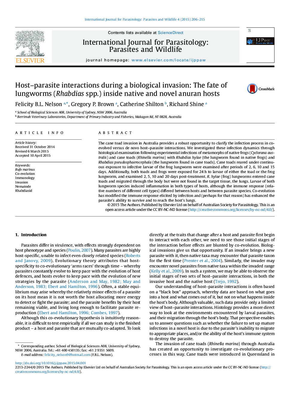 Host–parasite interactions during a biological invasion: The fate of lungworms (Rhabdias spp.) inside native and novel anuran hosts