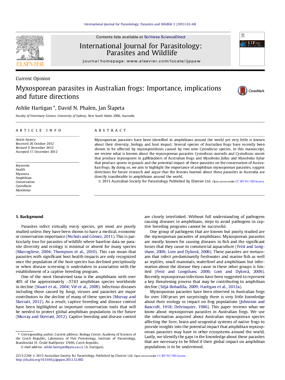 Myxosporean parasites in Australian frogs: Importance, implications and future directions