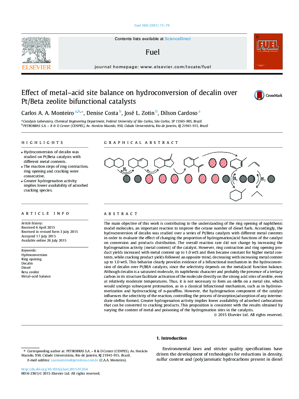 Effect of metal–acid site balance on hydroconversion of decalin over Pt/Beta zeolite bifunctional catalysts