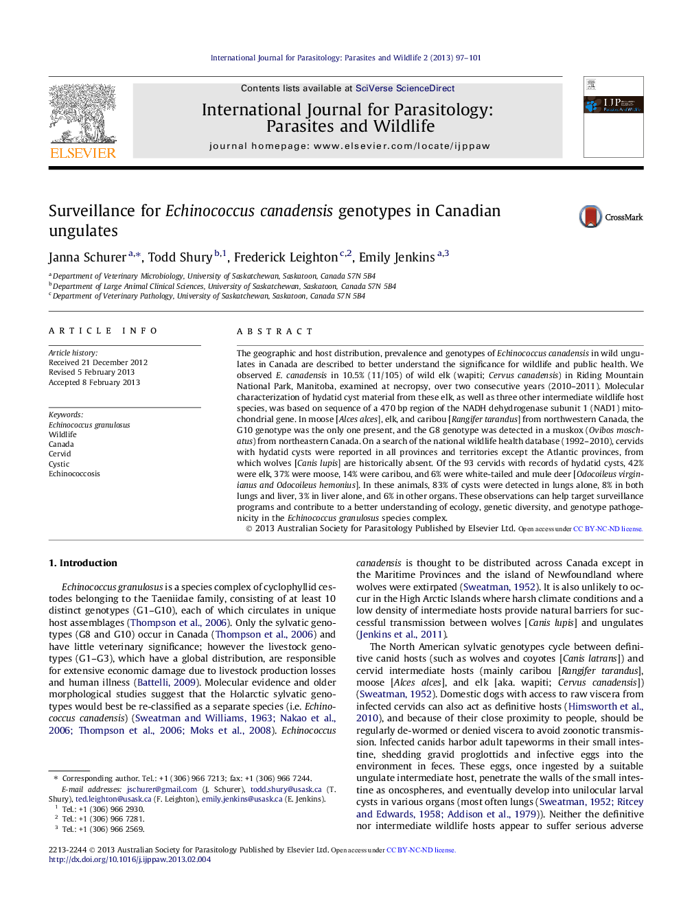 Surveillance for Echinococcus canadensis genotypes in Canadian ungulates 