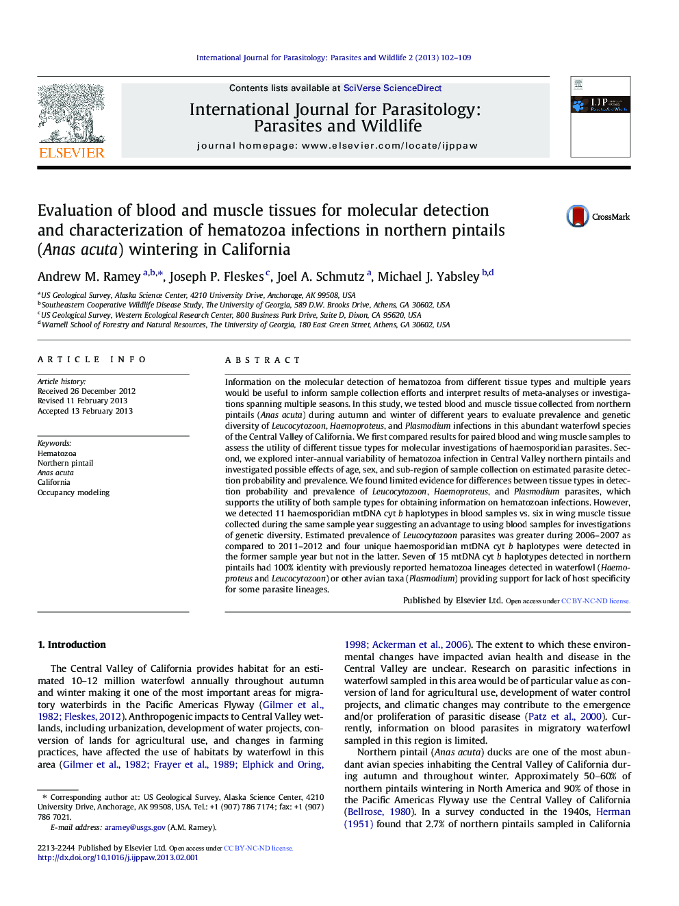 Evaluation of blood and muscle tissues for molecular detection and characterization of hematozoa infections in northern pintails (Anas acuta) wintering in California