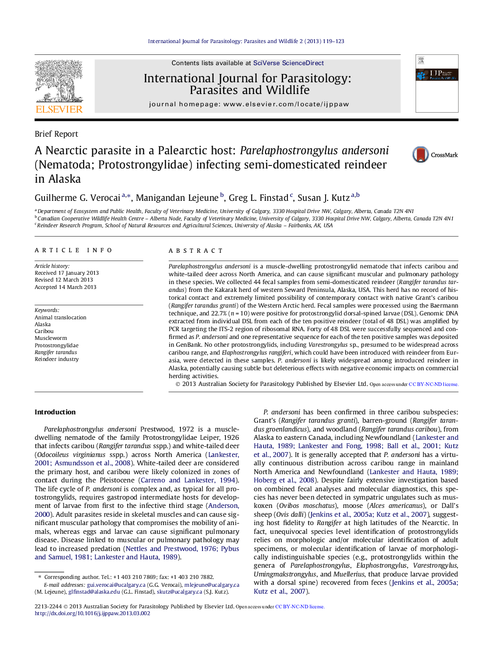 A Nearctic parasite in a Palearctic host: Parelaphostrongylus andersoni (Nematoda; Protostrongylidae) infecting semi-domesticated reindeer in Alaska