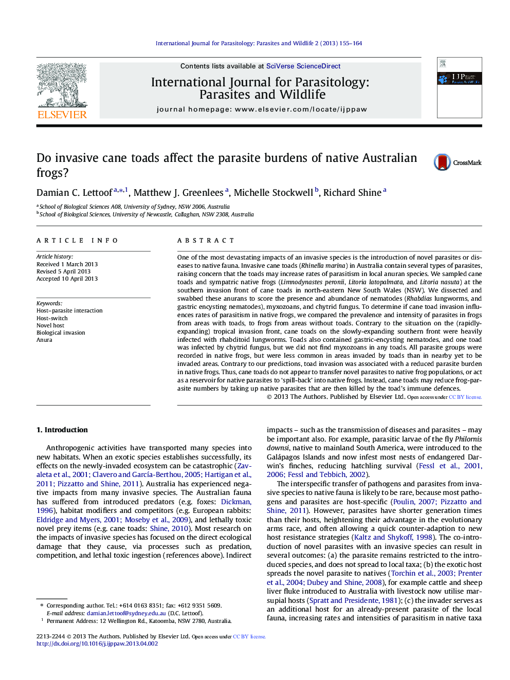 Do invasive cane toads affect the parasite burdens of native Australian frogs?