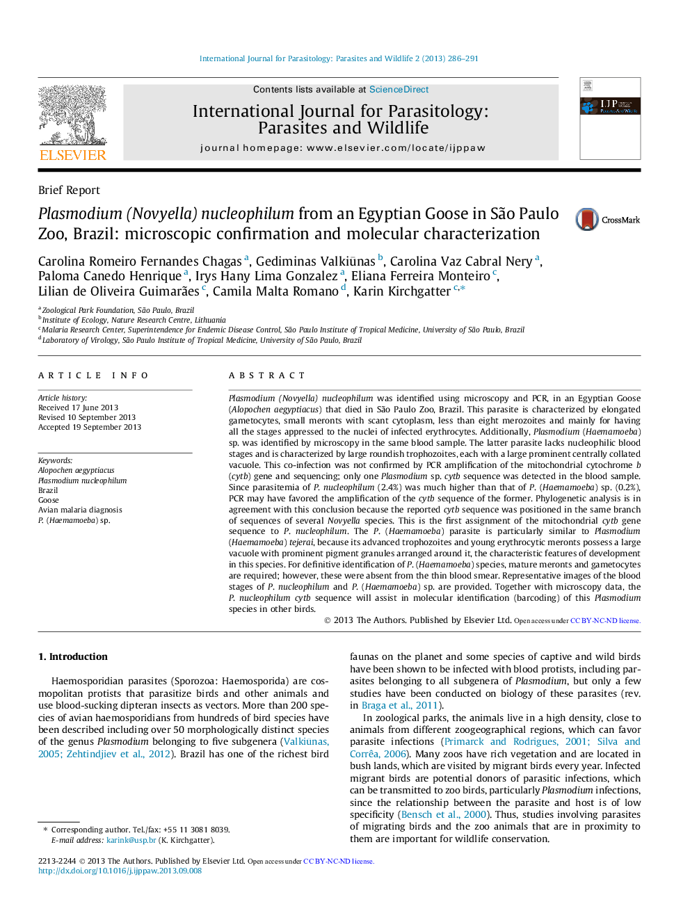 Plasmodium (Novyella) nucleophilum from an Egyptian Goose in São Paulo Zoo, Brazil: microscopic confirmation and molecular characterization