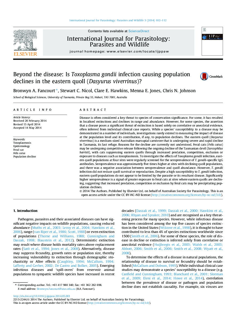 Beyond the disease: Is Toxoplasma gondii infection causing population declines in the eastern quoll (Dasyurus viverrinus)?