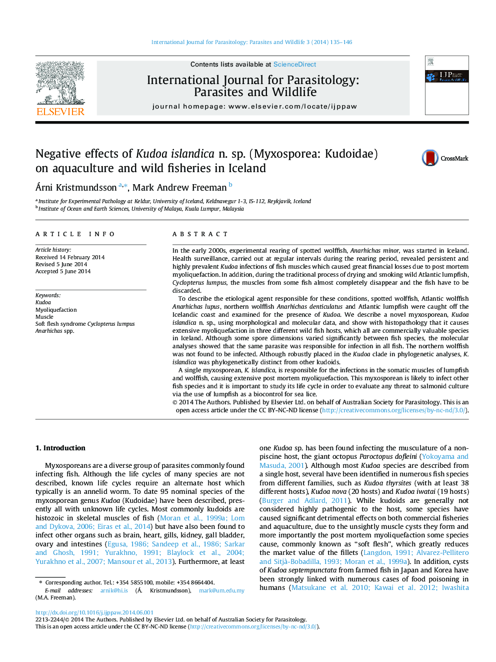 Negative effects of Kudoa islandica n. sp. (Myxosporea: Kudoidae) on aquaculture and wild fisheries in Iceland