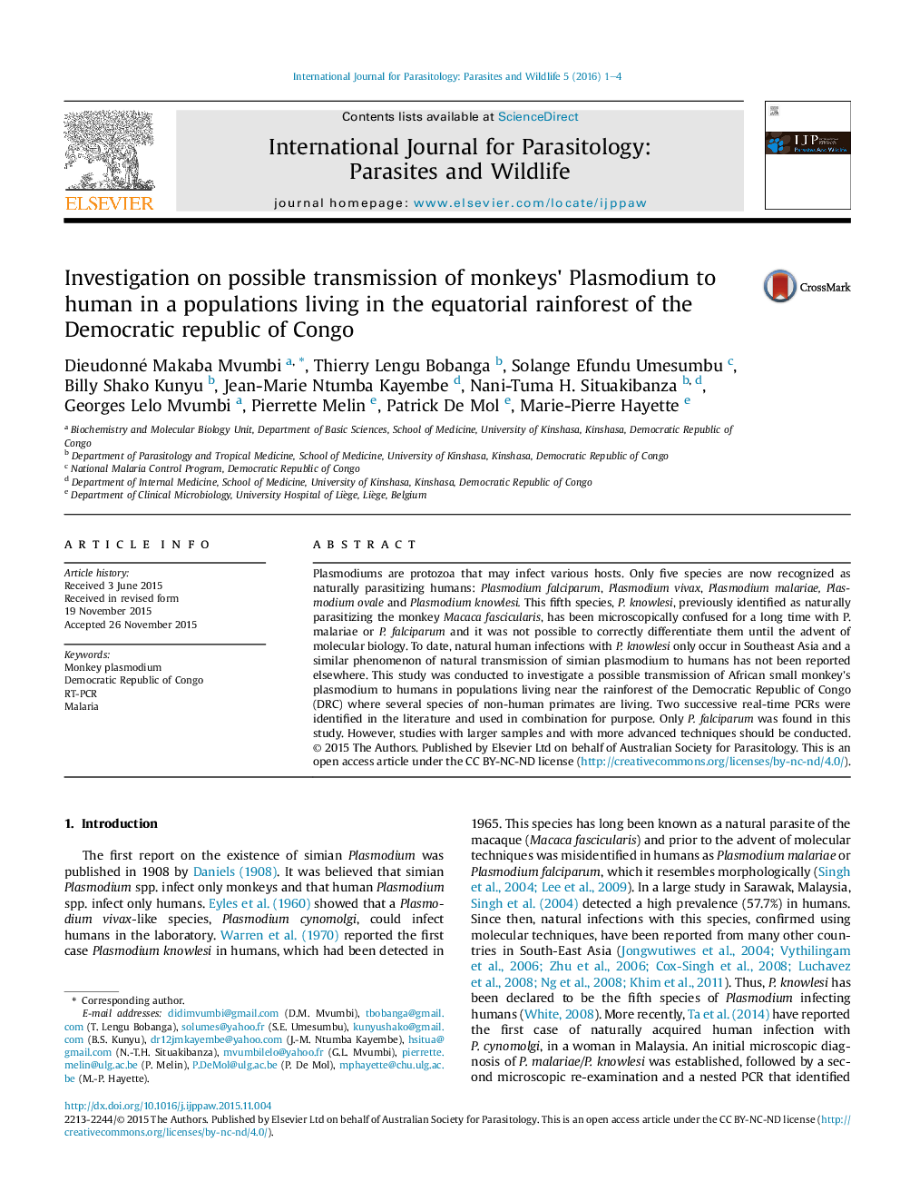 Investigation on possible transmission of monkeys' Plasmodium to human in a populations living in the equatorial rainforest of the Democratic republic of Congo