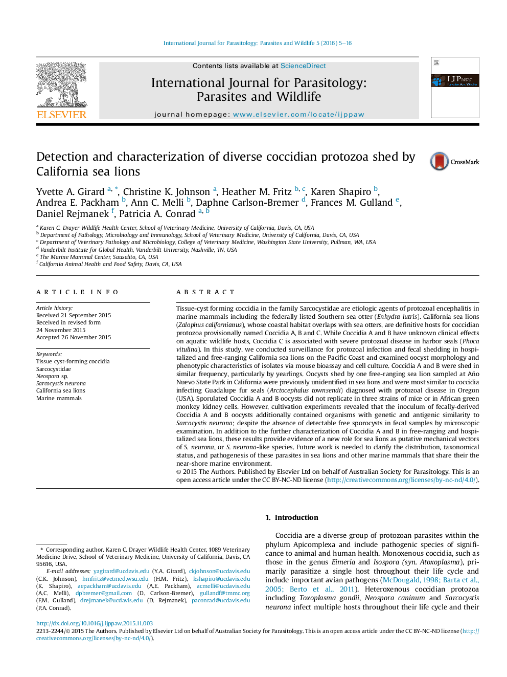 Detection and characterization of diverse coccidian protozoa shed by California sea lions