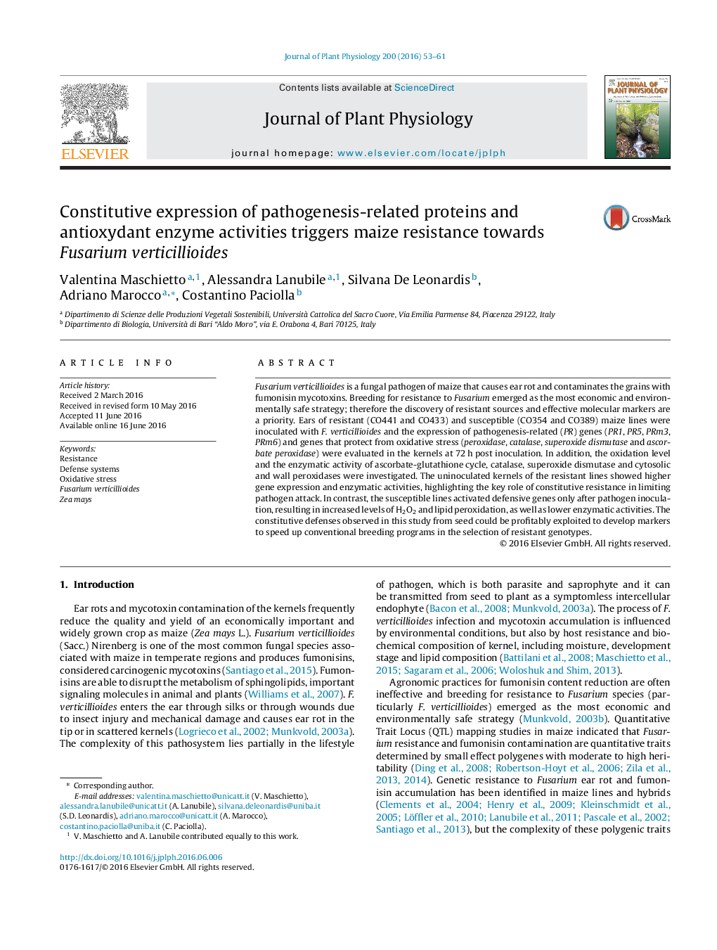 Constitutive expression of pathogenesis-related proteins and antioxydant enzyme activities triggers maize resistance towards Fusarium verticillioides