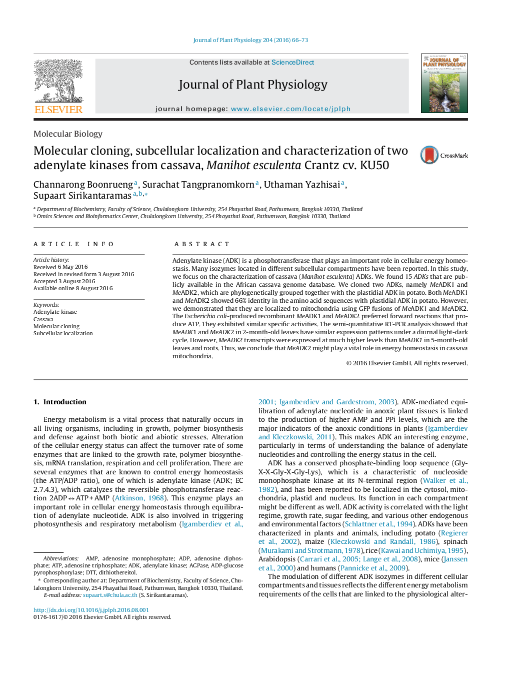 Molecular cloning, subcellular localization and characterization of two adenylate kinases from cassava, Manihot esculenta Crantz cv. KU50