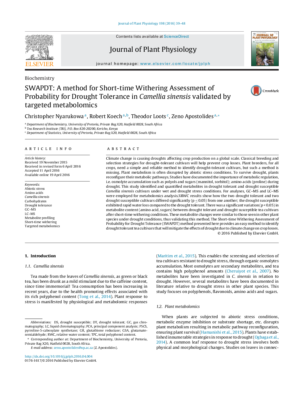 SWAPDT: A method for Short-time Withering Assessment of Probability for Drought Tolerance in Camellia sinensis validated by targeted metabolomics