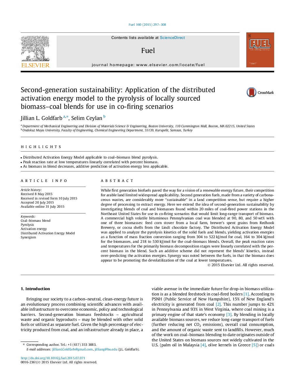 عکس صفحه اول مقاله: Second-generation sustainability: Application of the distributed activation energy model to the pyrolysis of locally sourced biomass–coal blends for use in co-firing scenarios Second-generation sustainability: Application of the distributed activation energy model to the pyrolysis of locally sourced biomass–coal blends for use in co-firing scenarios