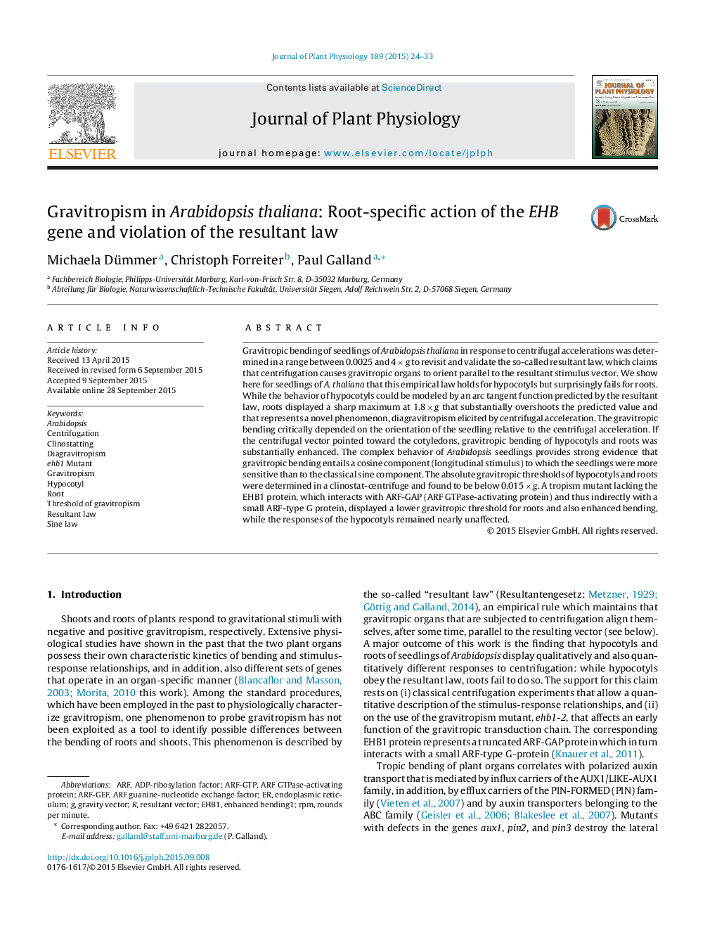 Gravitropism in Arabidopsis thaliana: Root-specific action of the EHB gene and violation of the resultant law