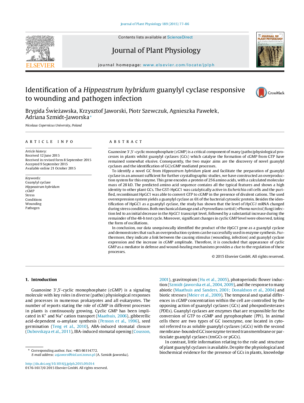 Identification of a Hippeastrum hybridum guanylyl cyclase responsive to wounding and pathogen infection