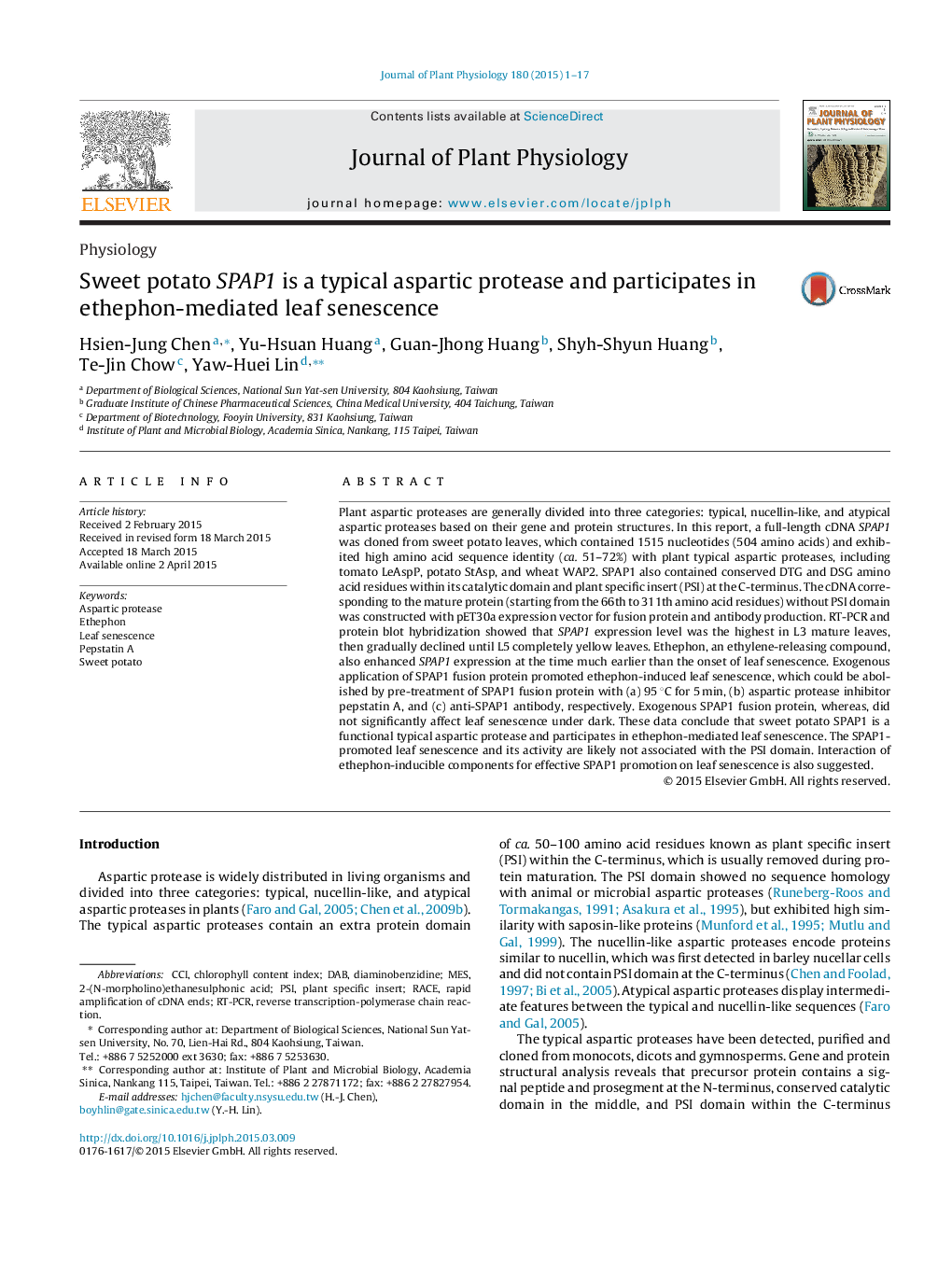 Sweet potato SPAP1 is a typical aspartic protease and participates in ethephon-mediated leaf senescence