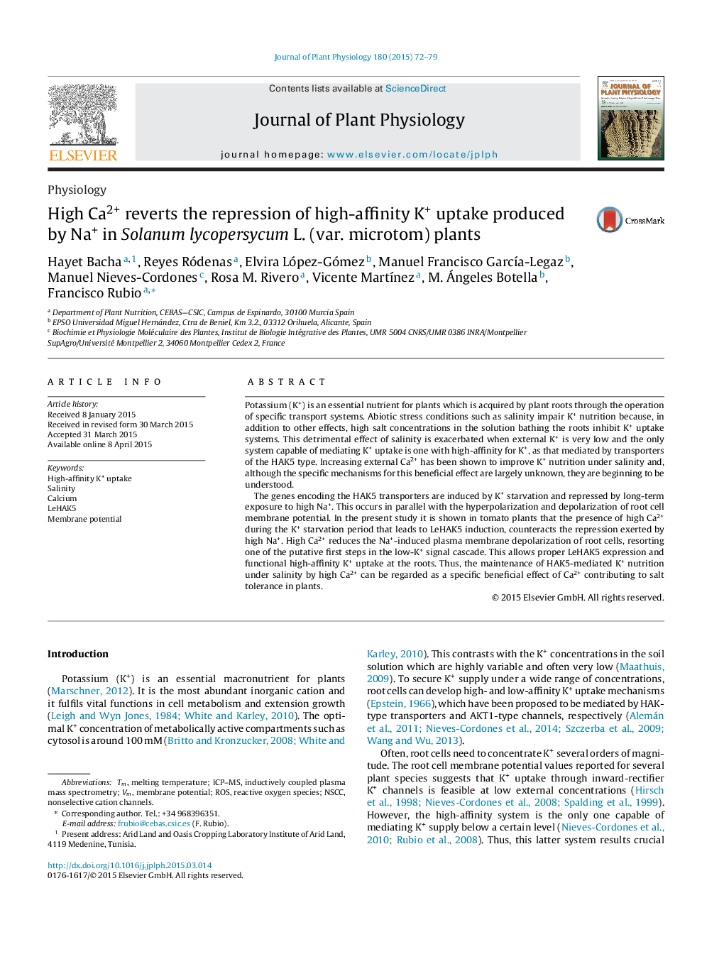 High Ca2+ reverts the repression of high-affinity K+ uptake produced by Na+ in Solanum lycopersycum L. (var. microtom) plants