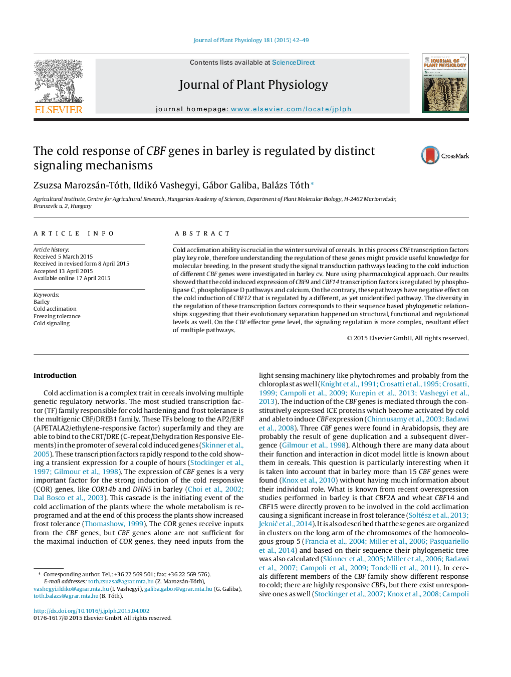 The cold response of CBF genes in barley is regulated by distinct signaling mechanisms