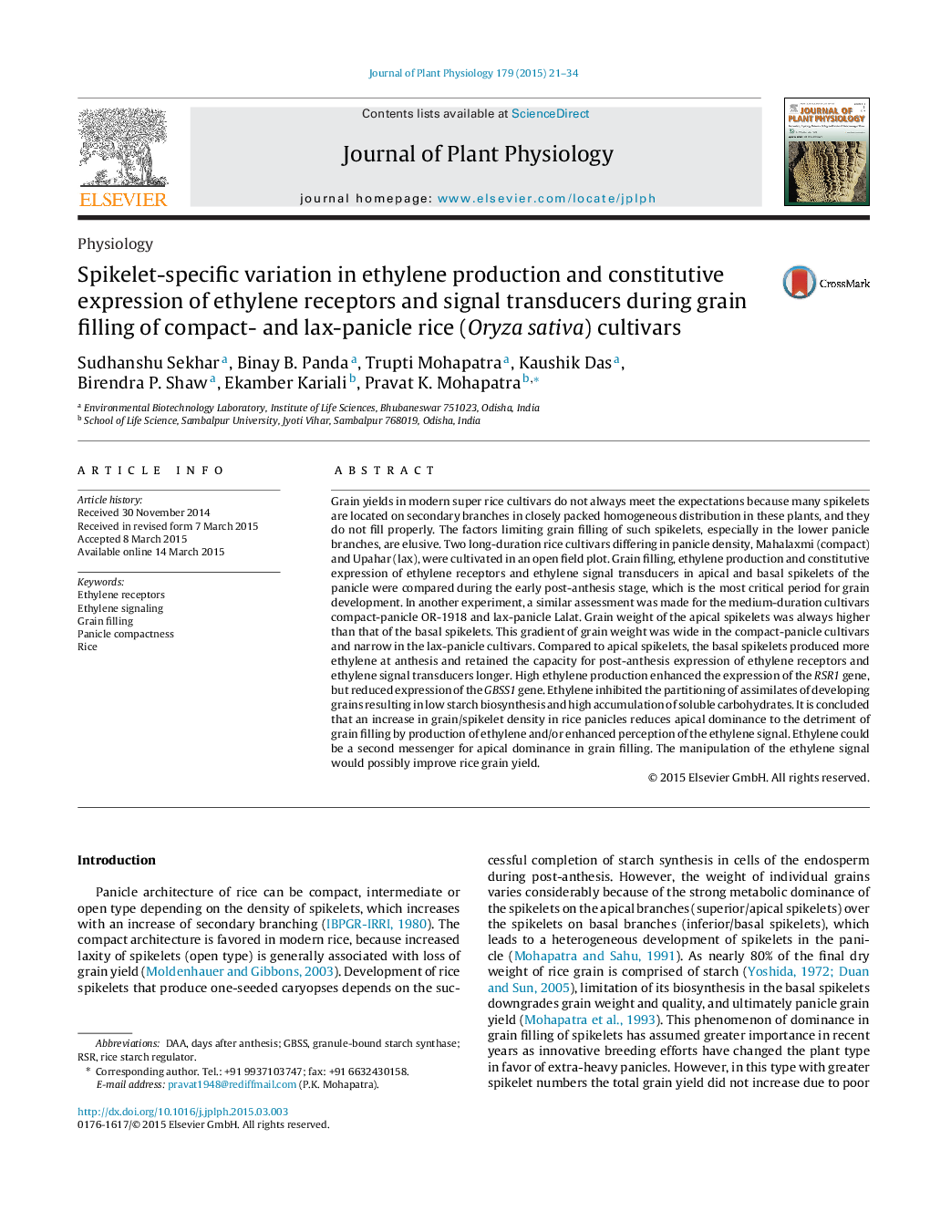 Spikelet-specific variation in ethylene production and constitutive expression of ethylene receptors and signal transducers during grain filling of compact- and lax-panicle rice (Oryza sativa) cultivars