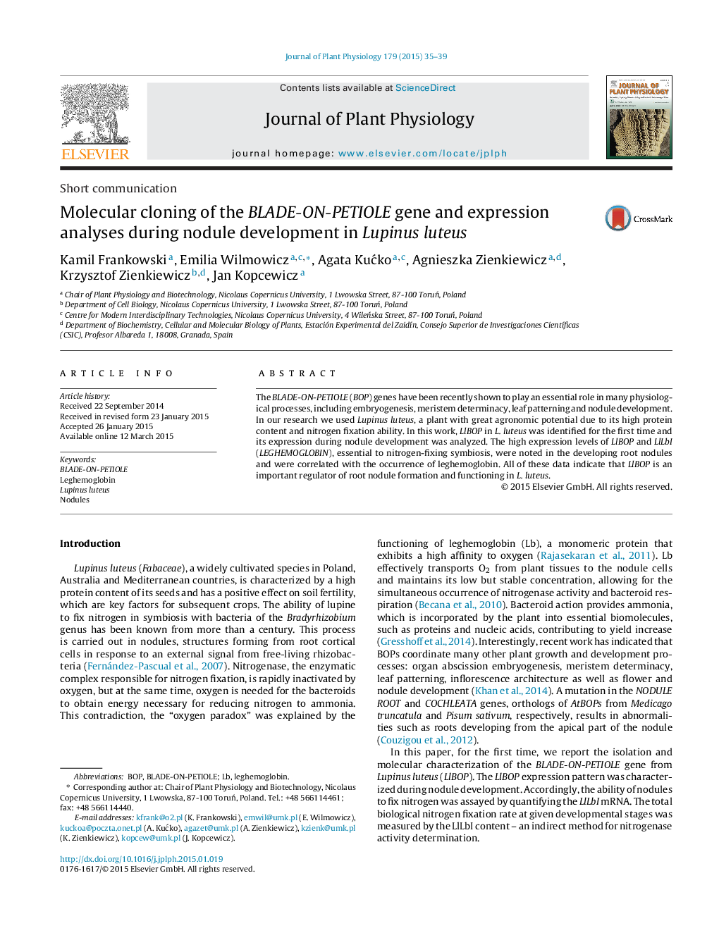 Molecular cloning of the BLADE-ON-PETIOLE gene and expression analyses during nodule development in Lupinus luteus