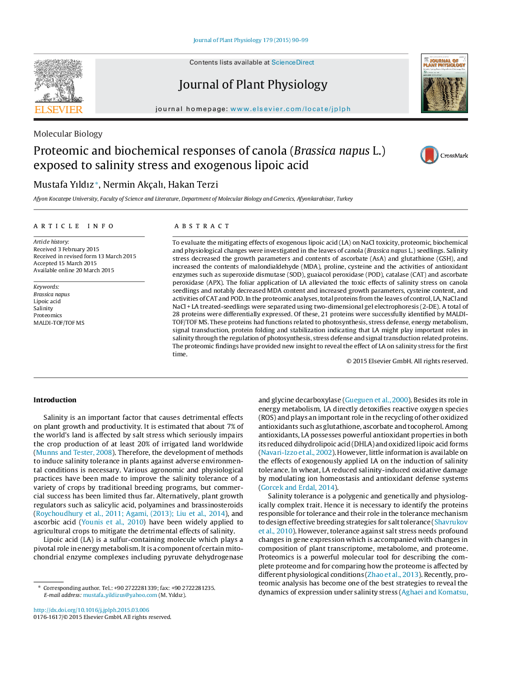 Proteomic and biochemical responses of canola (Brassica napus L.) exposed to salinity stress and exogenous lipoic acid