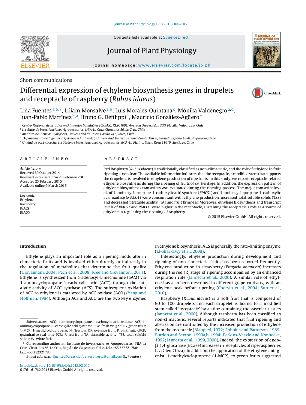 Differential expression of ethylene biosynthesis genes in drupelets and receptacle of raspberry (Rubus idaeus)