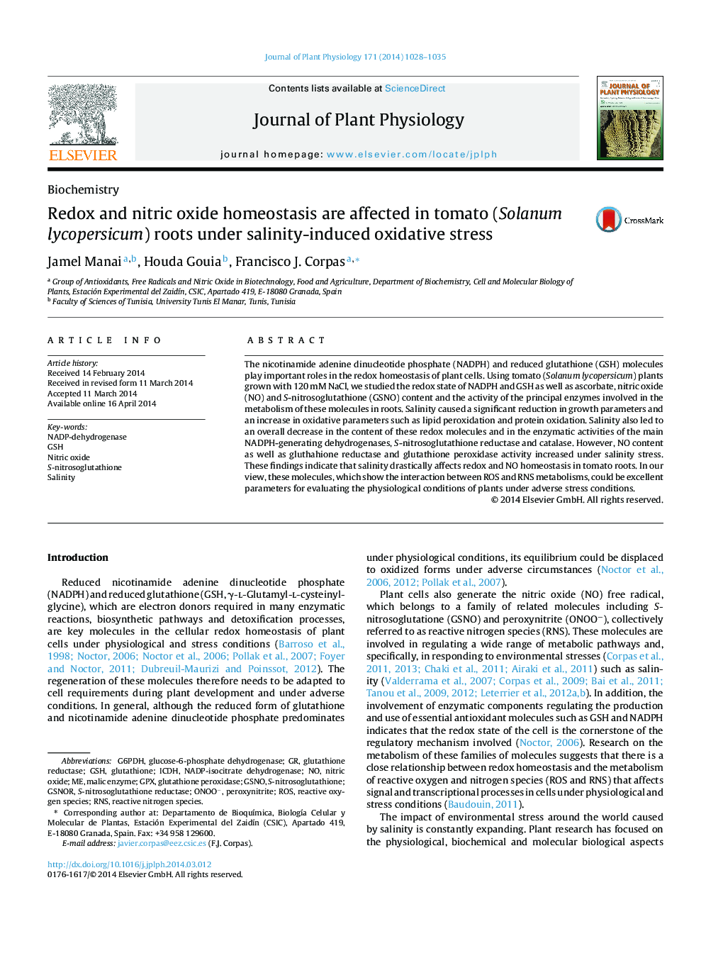 Redox and nitric oxide homeostasis are affected in tomato (Solanum lycopersicum) roots under salinity-induced oxidative stress