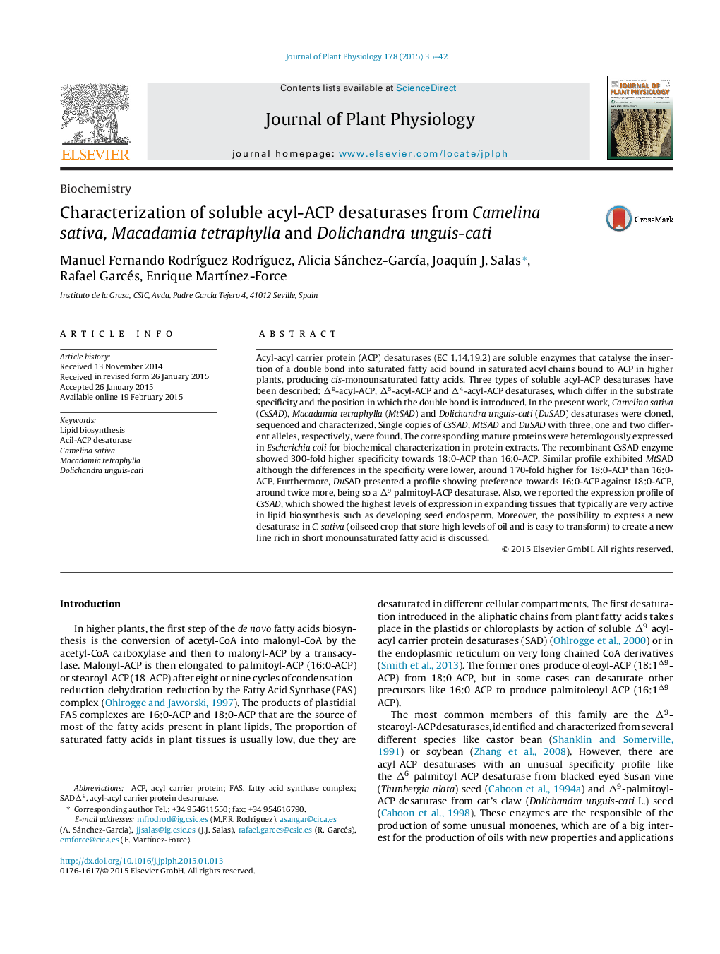 Characterization of soluble acyl-ACP desaturases from Camelina sativa, Macadamia tetraphylla and Dolichandra unguis-cati