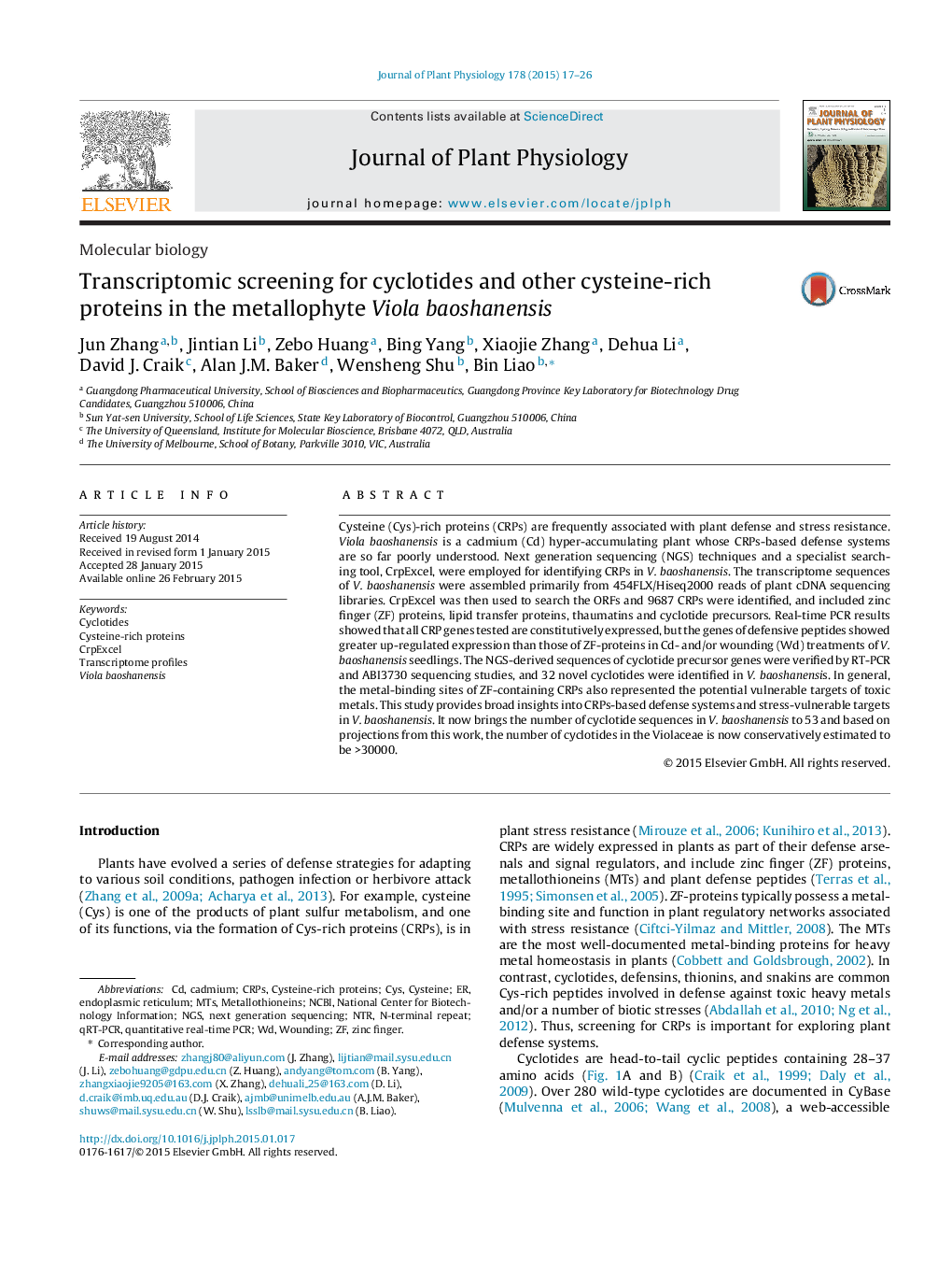 Transcriptomic screening for cyclotides and other cysteine-rich proteins in the metallophyte Viola baoshanensis