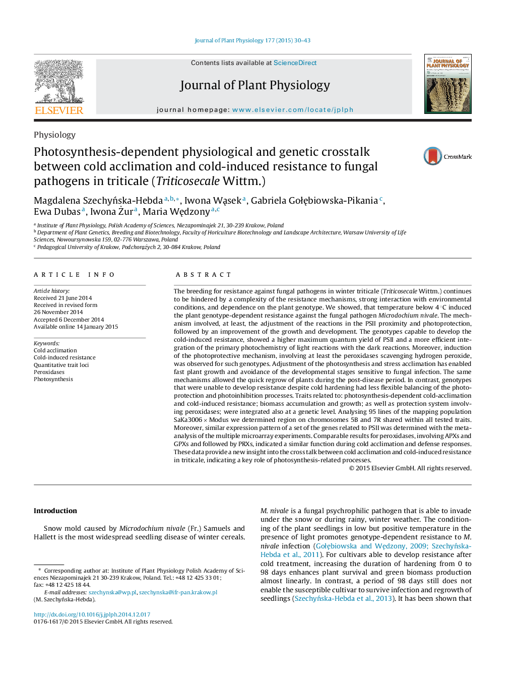 Photosynthesis-dependent physiological and genetic crosstalk between cold acclimation and cold-induced resistance to fungal pathogens in triticale (Triticosecale Wittm.)