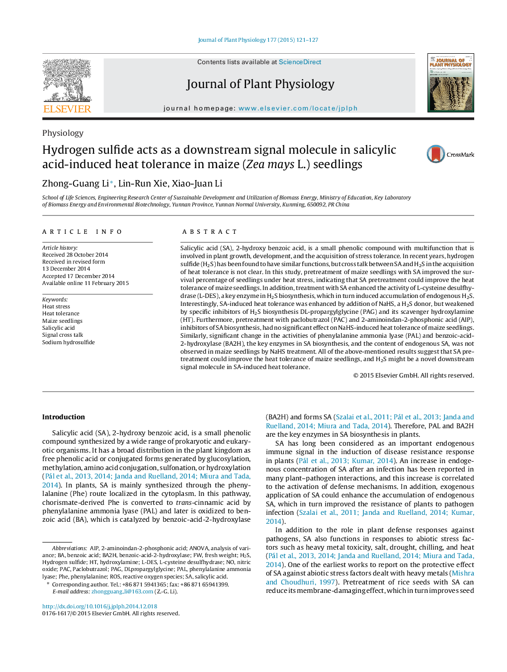 Hydrogen sulfide acts as a downstream signal molecule in salicylic acid-induced heat tolerance in maize (Zea mays L.) seedlings