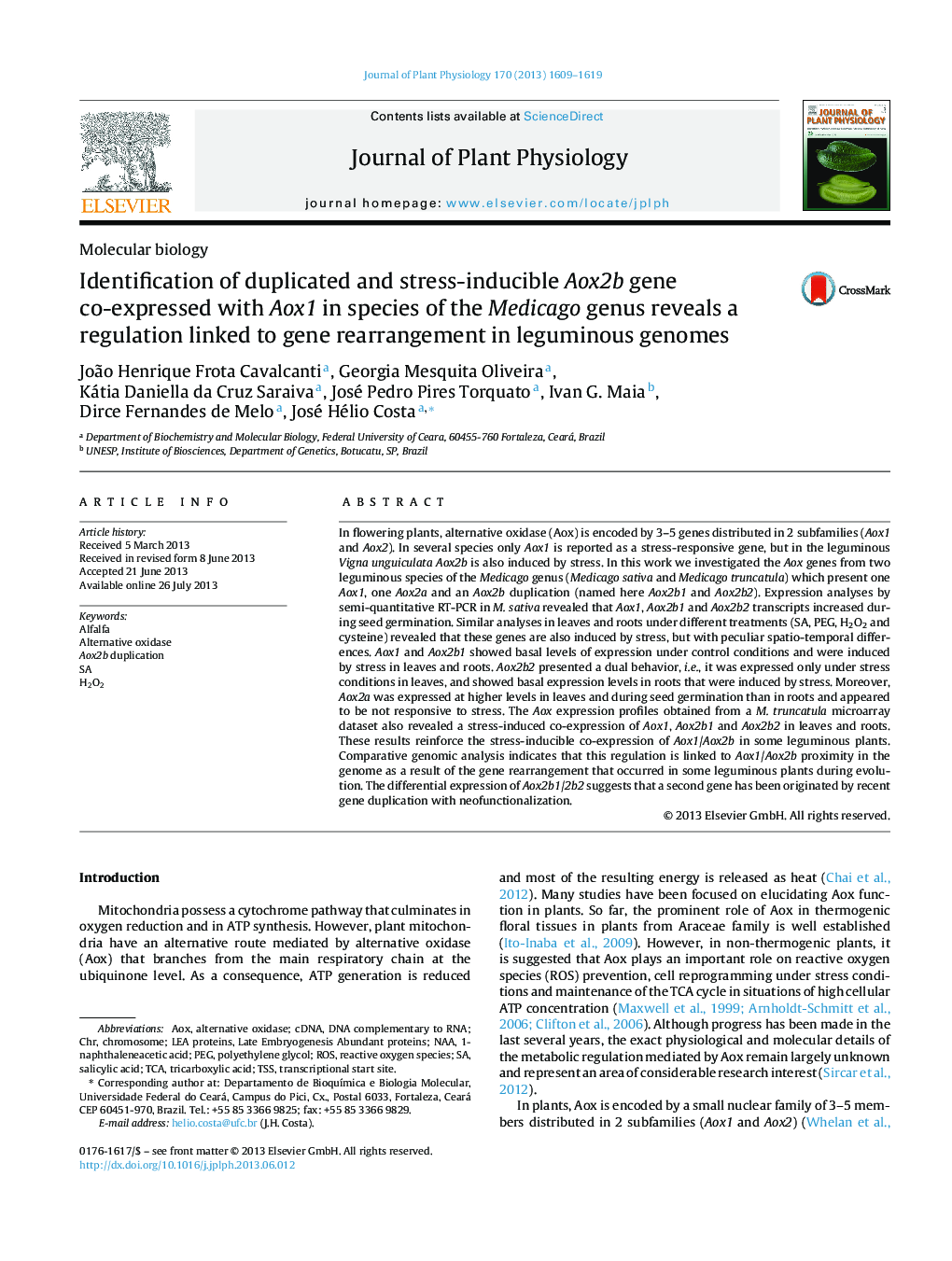 Identification of duplicated and stress-inducible Aox2b gene co-expressed with Aox1 in species of the Medicago genus reveals a regulation linked to gene rearrangement in leguminous genomes