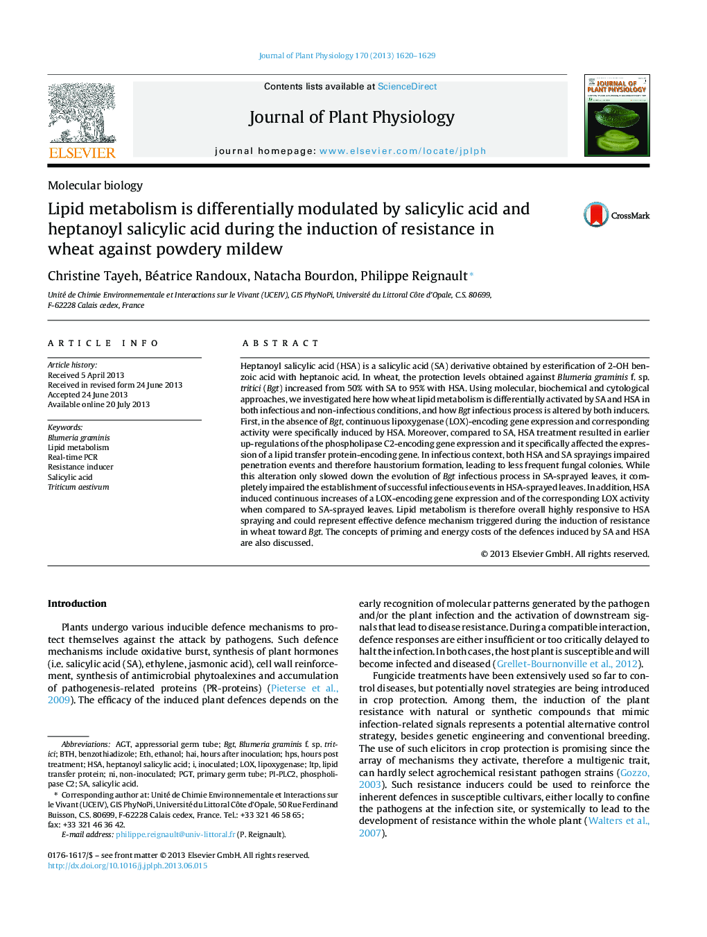 Lipid metabolism is differentially modulated by salicylic acid and heptanoyl salicylic acid during the induction of resistance in wheat against powdery mildew