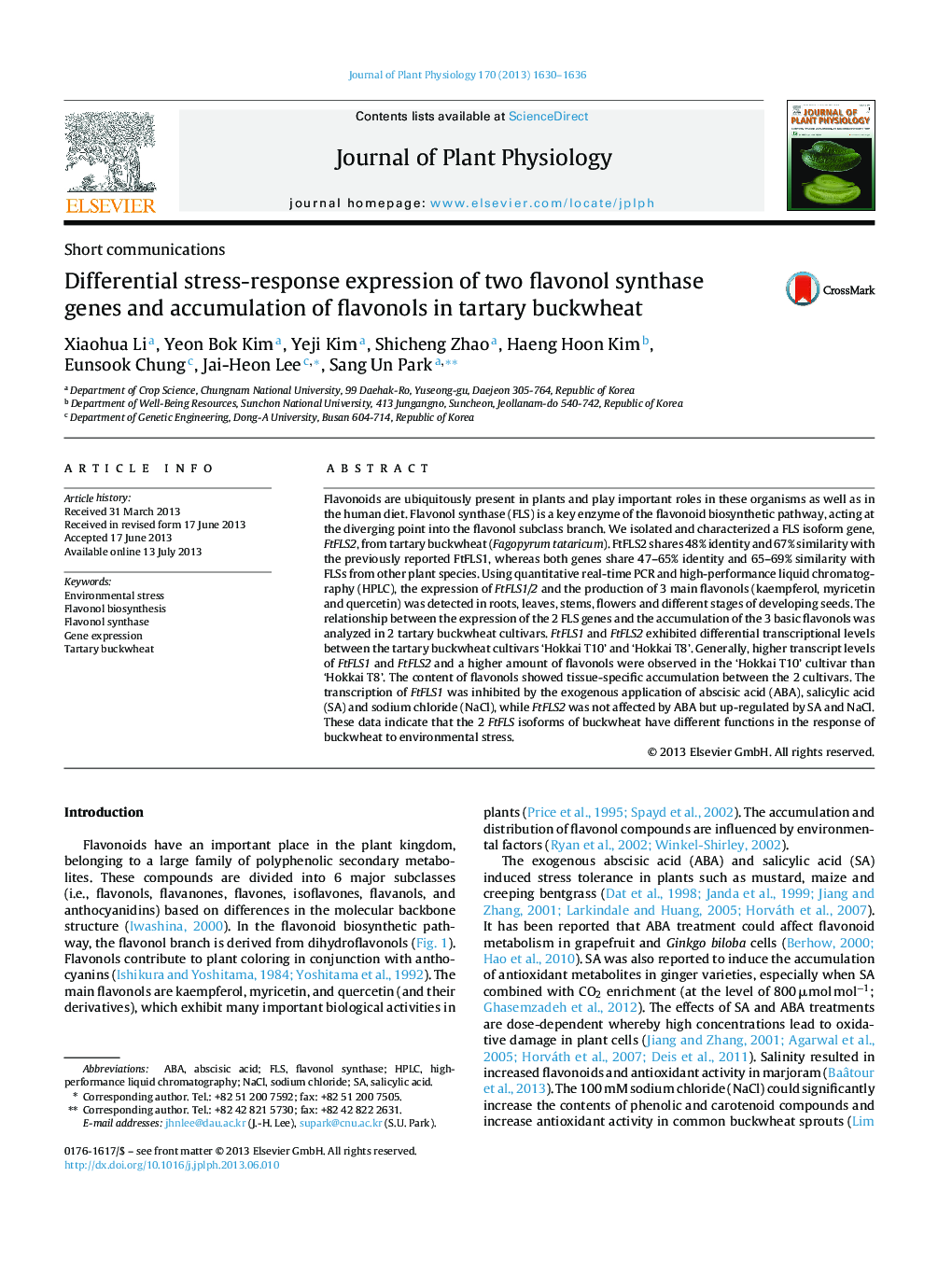 Differential stress-response expression of two flavonol synthase genes and accumulation of flavonols in tartary buckwheat