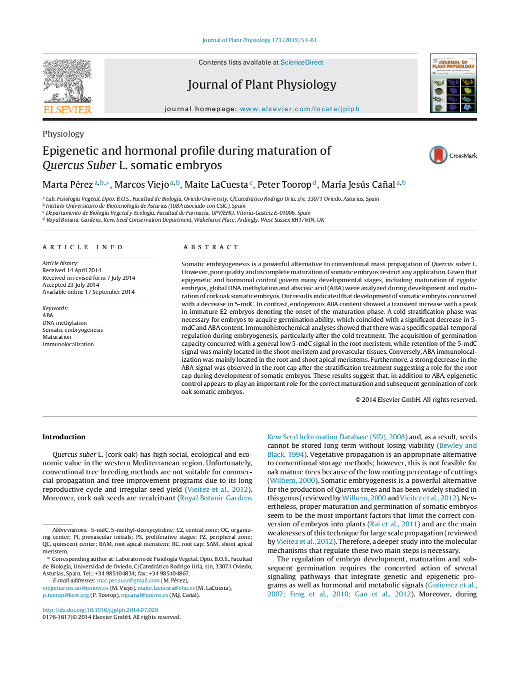 Epigenetic and hormonal profile during maturation of Quercus Suber L. somatic embryos