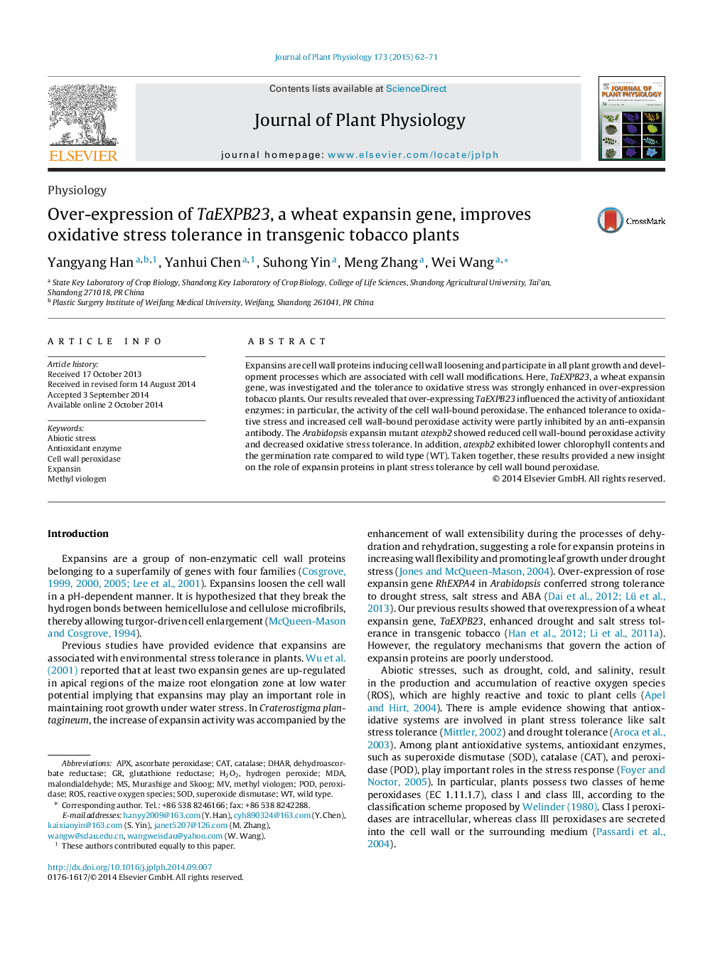 Over-expression of TaEXPB23, a wheat expansin gene, improves oxidative stress tolerance in transgenic tobacco plants