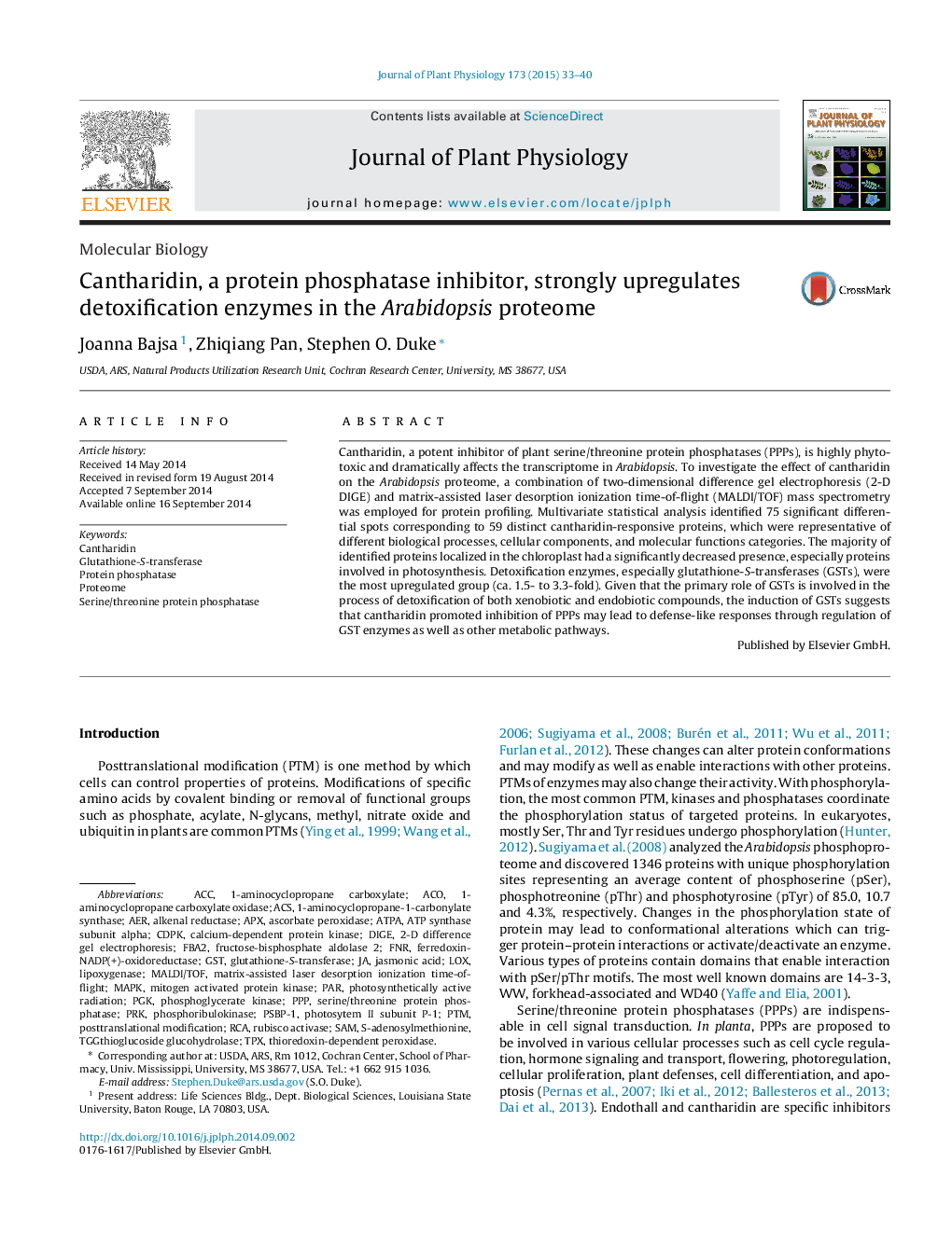 Cantharidin, a protein phosphatase inhibitor, strongly upregulates detoxification enzymes in the Arabidopsis proteome