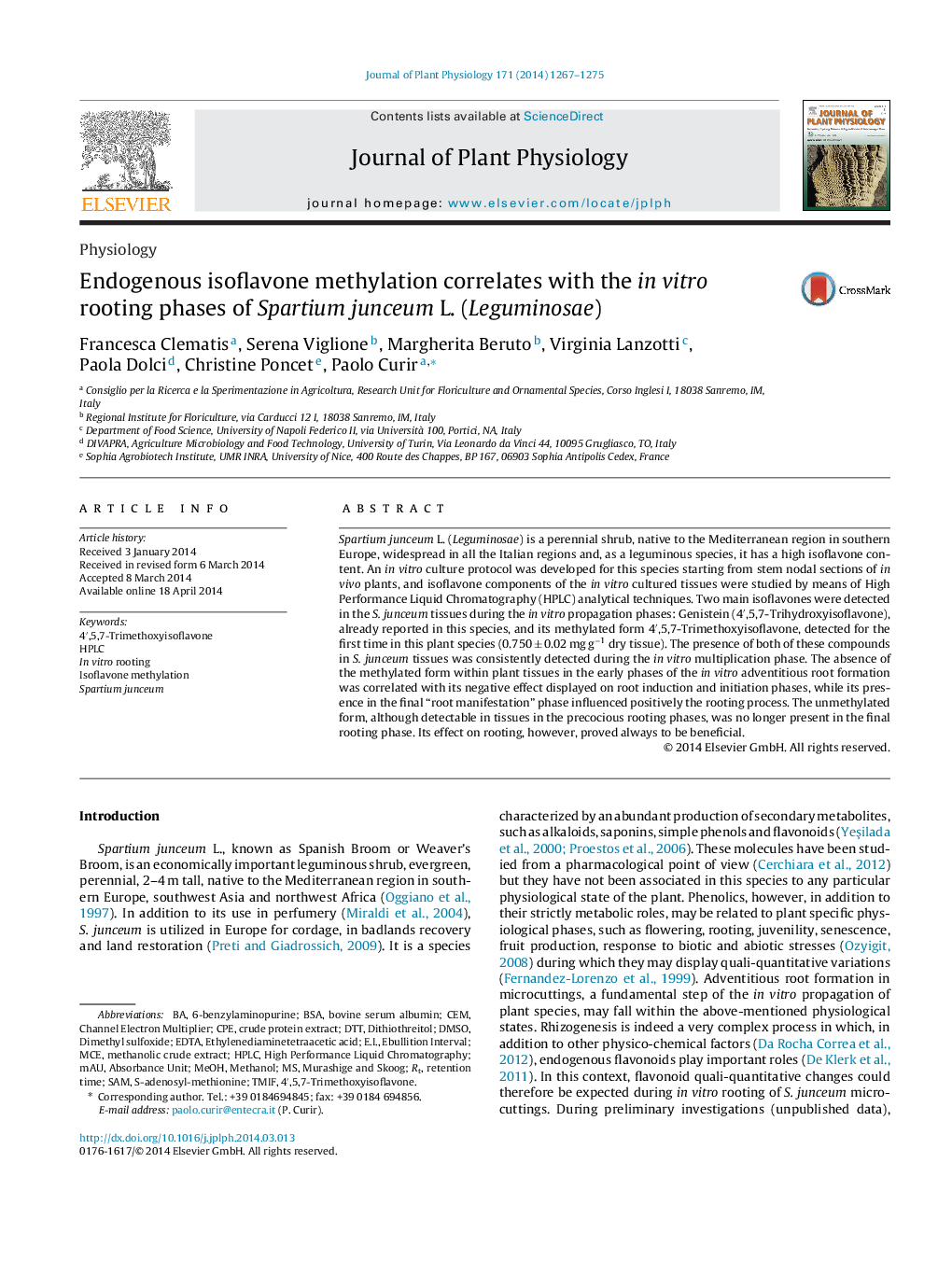 Endogenous isoflavone methylation correlates with the in vitro rooting phases of Spartium junceum L. (Leguminosae)