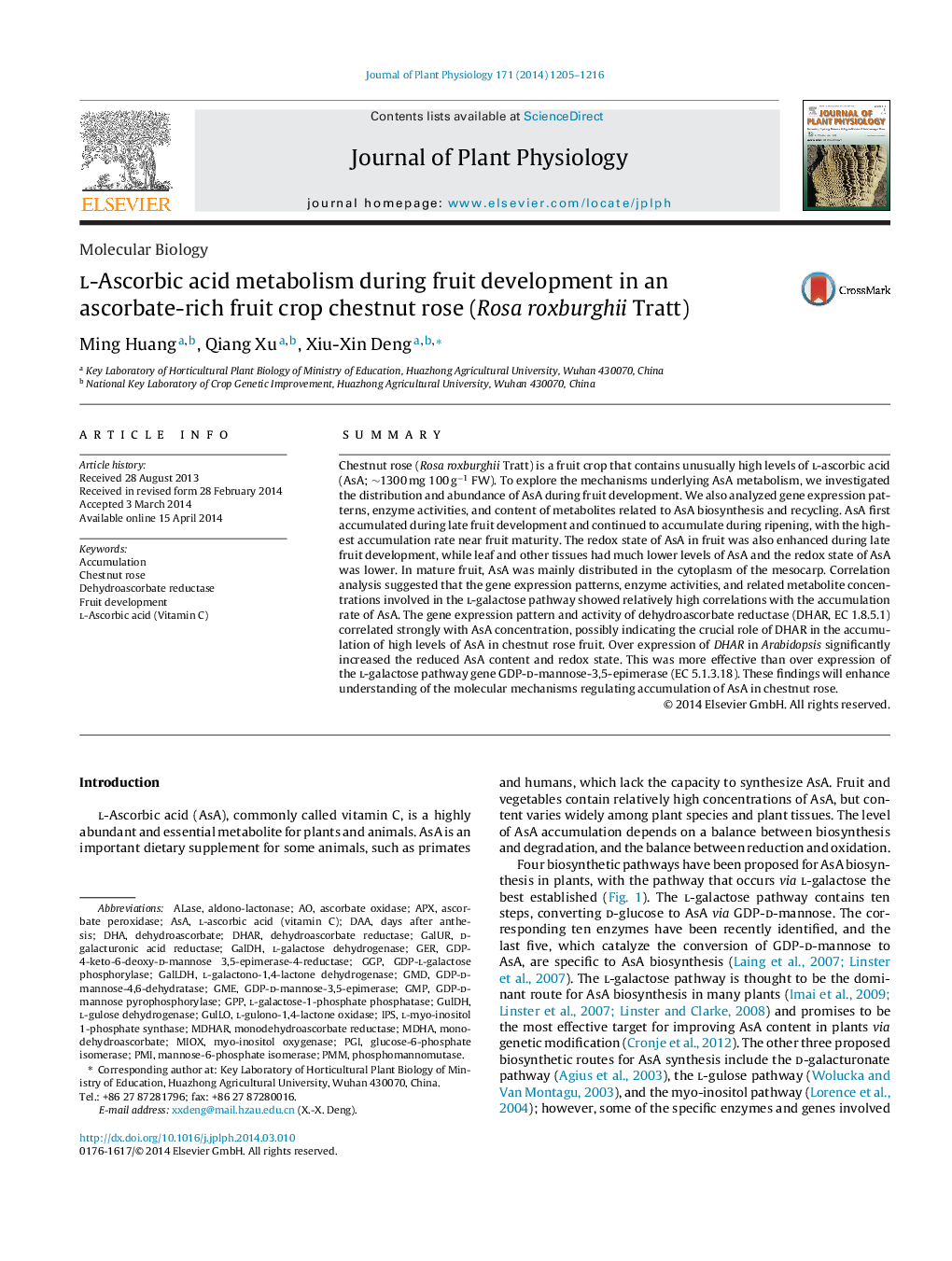 l-Ascorbic acid metabolism during fruit development in an ascorbate-rich fruit crop chestnut rose (Rosa roxburghii Tratt)