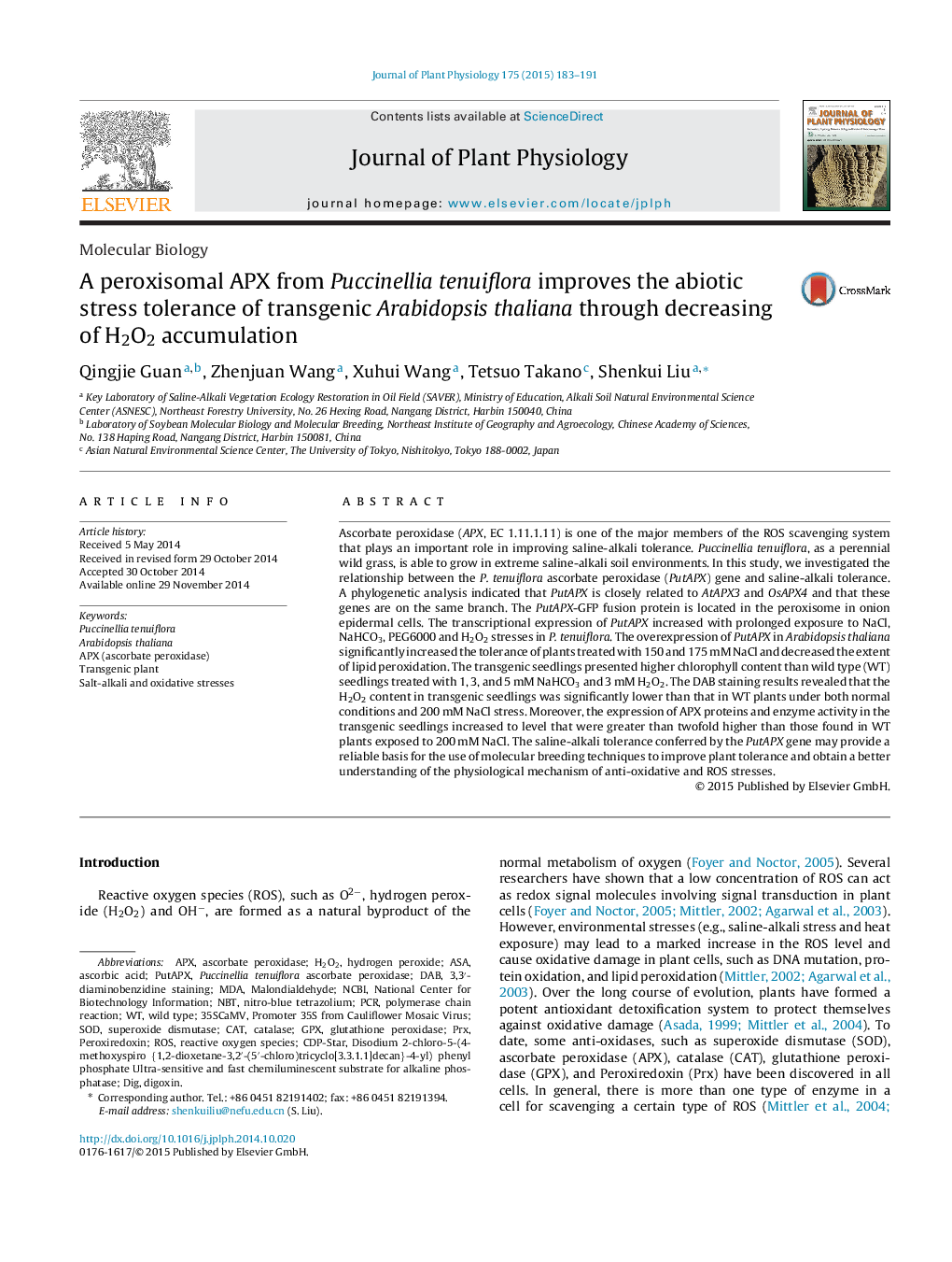 A peroxisomal APX from Puccinellia tenuiflora improves the abiotic stress tolerance of transgenic Arabidopsis thaliana through decreasing of H2O2 accumulation