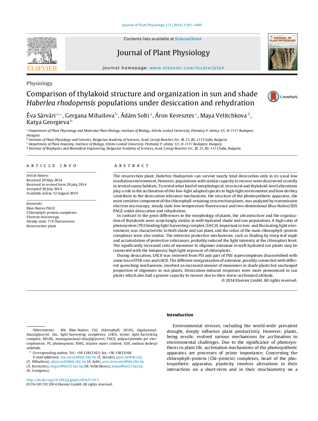 Comparison of thylakoid structure and organization in sun and shade Haberlea rhodopensis populations under desiccation and rehydration