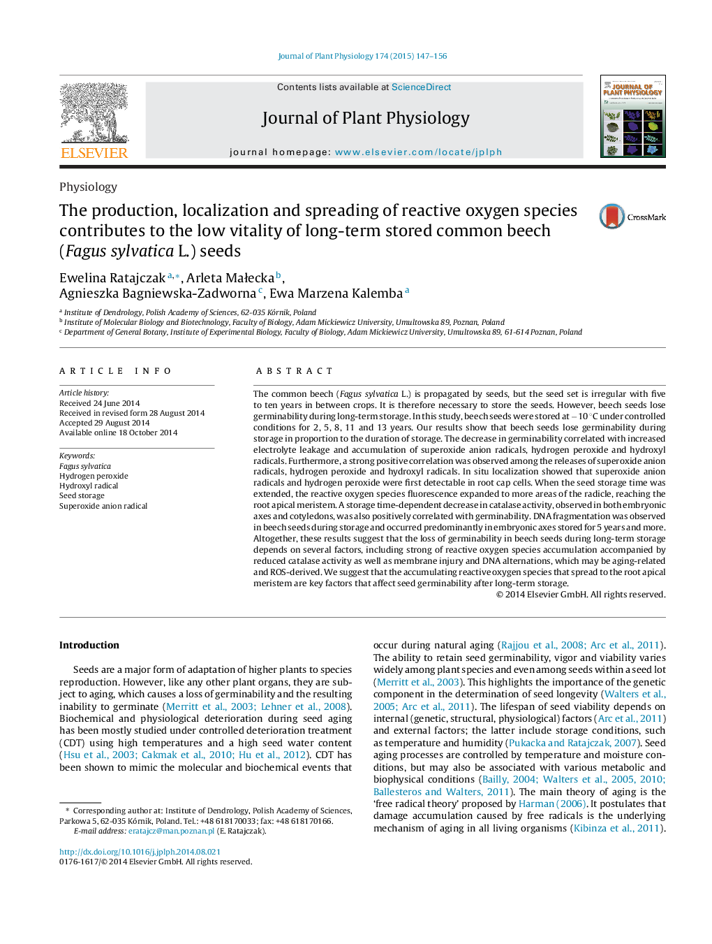 The production, localization and spreading of reactive oxygen species contributes to the low vitality of long-term stored common beech (Fagus sylvatica L.) seeds