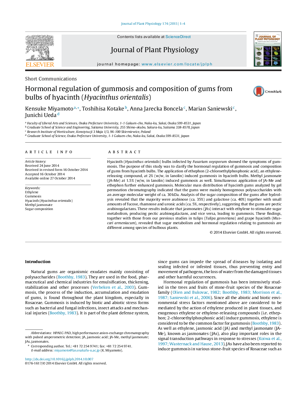 Hormonal regulation of gummosis and composition of gums from bulbs of hyacinth (Hyacinthus orientalis)